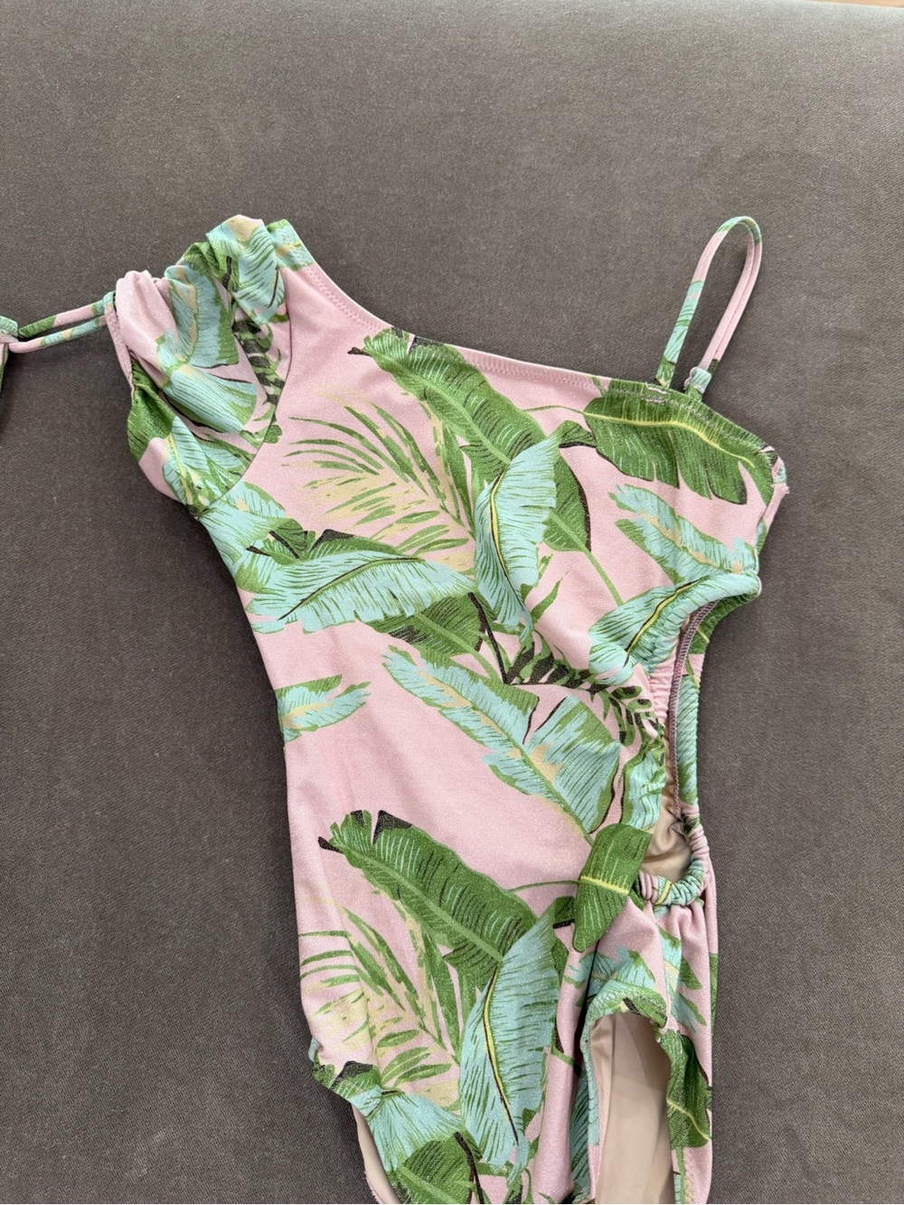 Girls Pink Tropical Leaf One-Shoulder Swim Suit